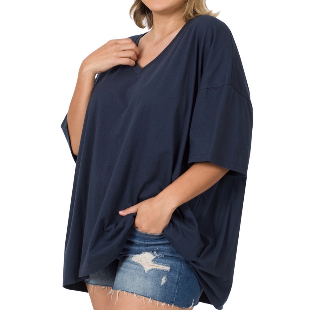 ZENANA
Oversized Cotton Boyfriend Drop Shoulder 
Vneck T-Shirt / Top